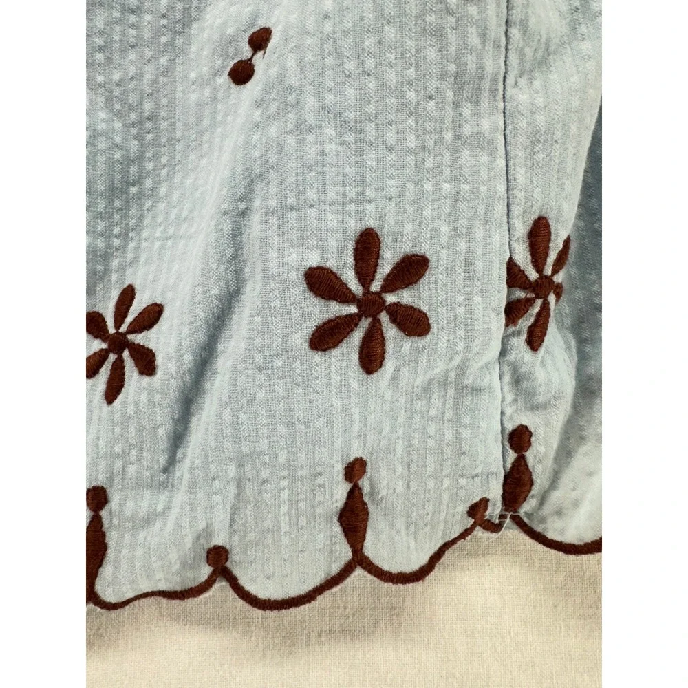 Free People Celestial Blue Seersucker Embroidered Tie Back Crop Top L - Picture 5 of 10